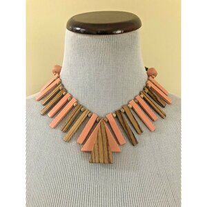 Wooden Necklace Natural Wood Color and Salmon Pink Triangle Rectangles